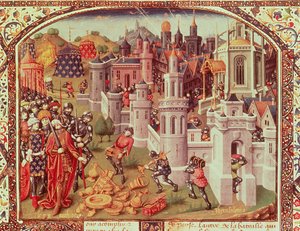 Il saccheggio di Gerusalemme dopo la cattura da parte dei cristiani nel 1099, miniatura illuminata da una cronaca universale, 1440 da Jean de Courcy